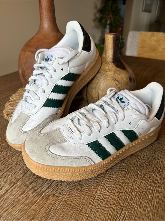 adidas Shoes - adidas Samba Retro Leather Sneakers - White with Green Stripes and Gum Sole